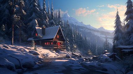 A cozy cabin in the woods with a fireplace and a warm glow

