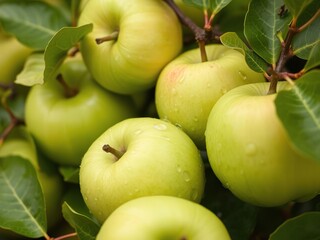 Fresh green apples with water drops glistening on their skin, surrounded by leaves in a natural setting, leafy greens, nature scene, crisp texture