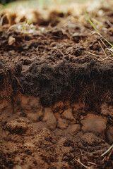 Fototapeta premium Closeup Soil Texture Dark Topsoil and Sandy Subsoil