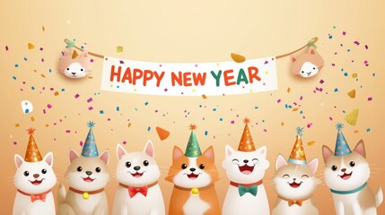 Obraz premium cute animals wearing party hats and holding. A festive illustration of cute cats wearing party hats celebrating the New Year with a 