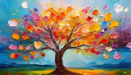 Oil painting landscape, colorful abstract tree. Hand Painted Impressionist.