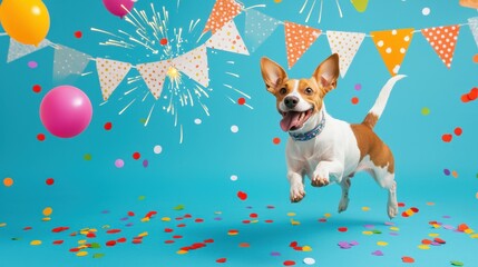 cute animals wearing party hats and holding. A joyful dog leaps amidst colorful decorations and confetti, celebrating a festive occasion with vibrant balloons and party elements.
