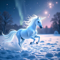 Fototapeta premium A majestic blue unicorn galloping through shimmering snow under a starry night sky, digital art of fantasy concept.