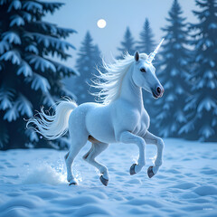 Fototapeta premium A majestic unicorn galloping through a snow covered forest under a full moon, digital art of fantasy concept.