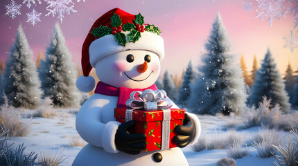 cute smiling and cheerful snowman with santa's hat and scarf in winter with christmas gift box.