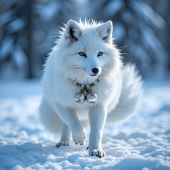 Obraz premium A majestic white wolf gracefully traverses a snowy landscape with dazzling blue tones, digital art of fantasy concept.