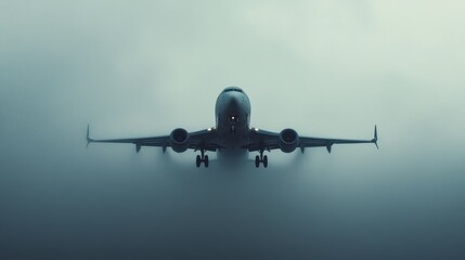 Fototapeta premium Airplane flying through dense fog in the sky.