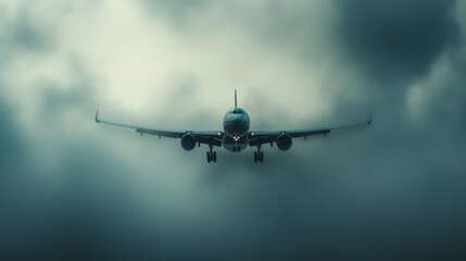 Airplane flying through stormy clouds