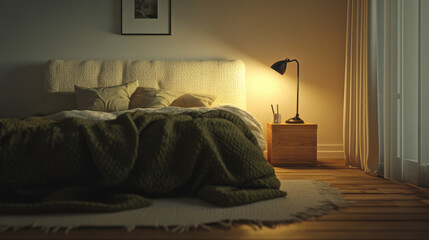 Warm minimalist bedroom with light oak floors, cream boucle headboard, and olive green coverlet creates cozy atmosphere.