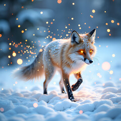 A mystical fox with glowing eyes striding through a snowy landscape with sparkling lights, digital art of fantasy concept.