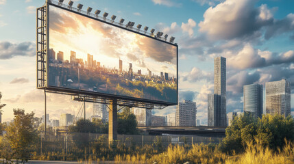 Urban scene featuring large programmatic billboard showcasing vibrant city skyline at sunset, blending business style