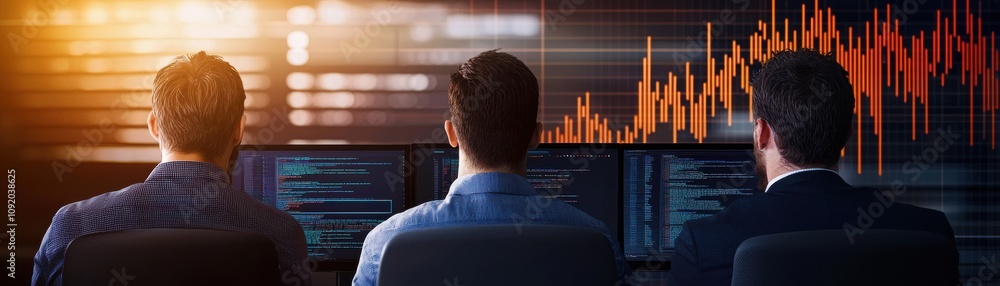 Poster three professionals analyze data on screens, with vibrant graphs and coding in a modern office setti