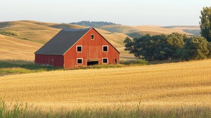 Fototapeta premium Charming red barn amidst golden fields at sunset.