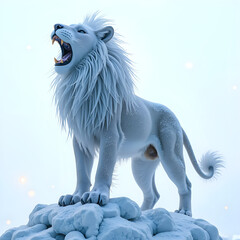 A powerful white lion roars triumphantly on a snowy mountain peak under a soft winter sky, digital art of fantasy concept.