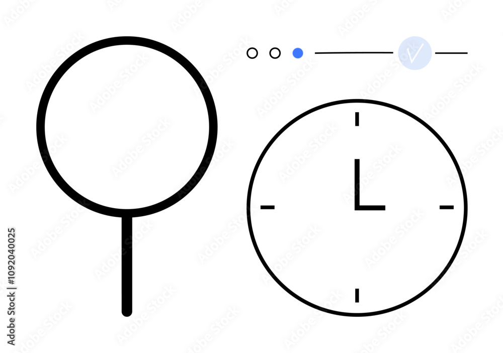 Poster magnifying glass next to a minimalist clock, accompanied by circular progress dots and checkmark. id