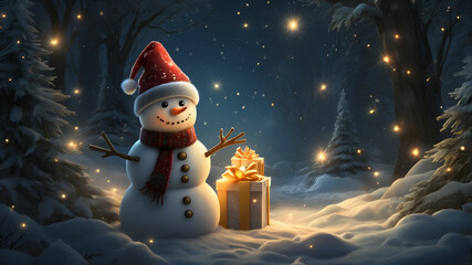 Smiling snowman wearing red hat and scarf with Christmas gift.
