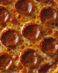 close-up of a pepperoni pizza showing glistening oil on top, emphasizing the textures and vibrant...