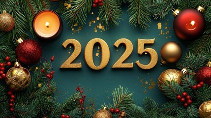 Festive New Year 2025 decoration with candles