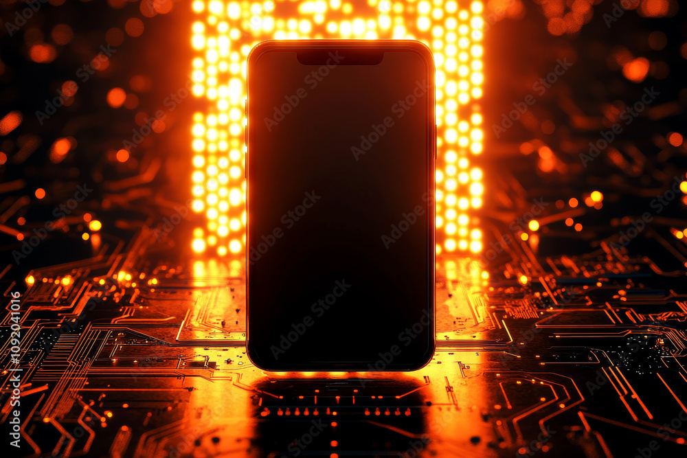 Poster 3d mobile phone screen on light glowing gold background. smartphone futuristic app mockup with abstr