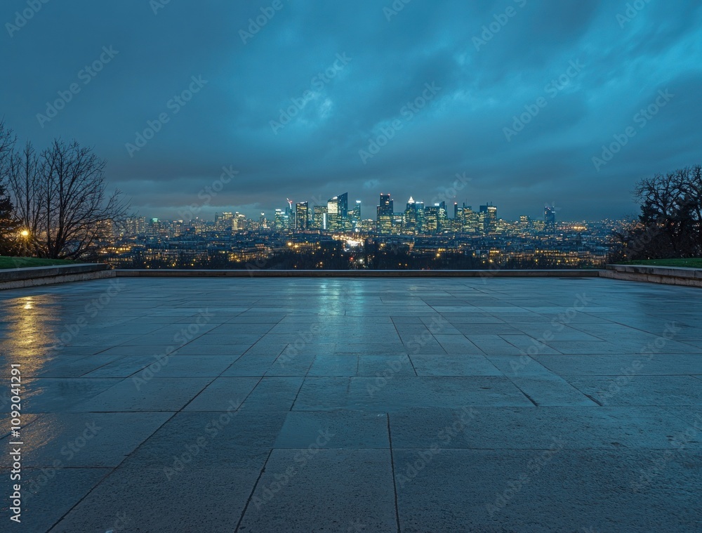 Poster a nighttime cityscape view featuring illuminated skyscrapers under a moody sky.