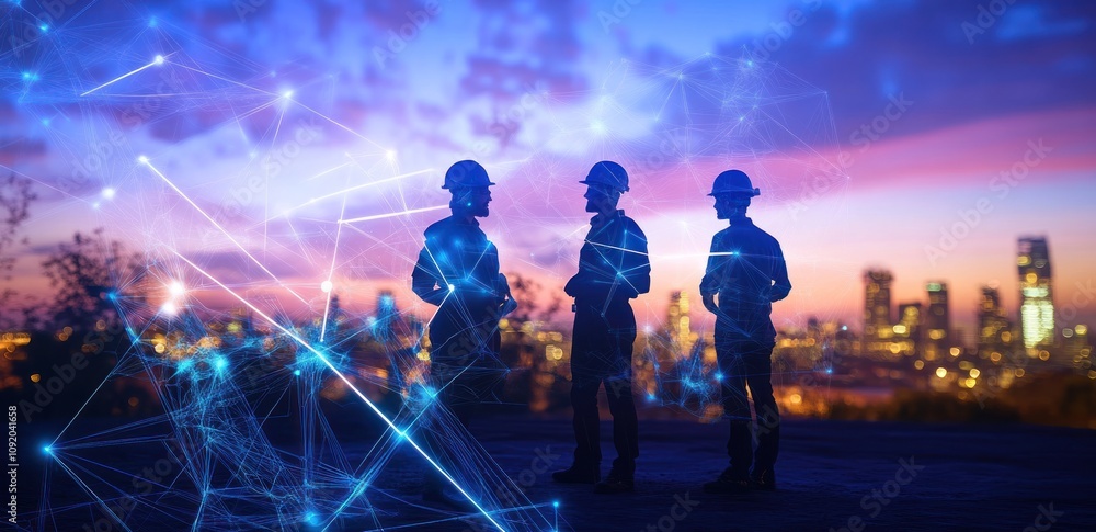 Aufkleber Workers in helmets discussing with a cityscape backdrop and digital connections.