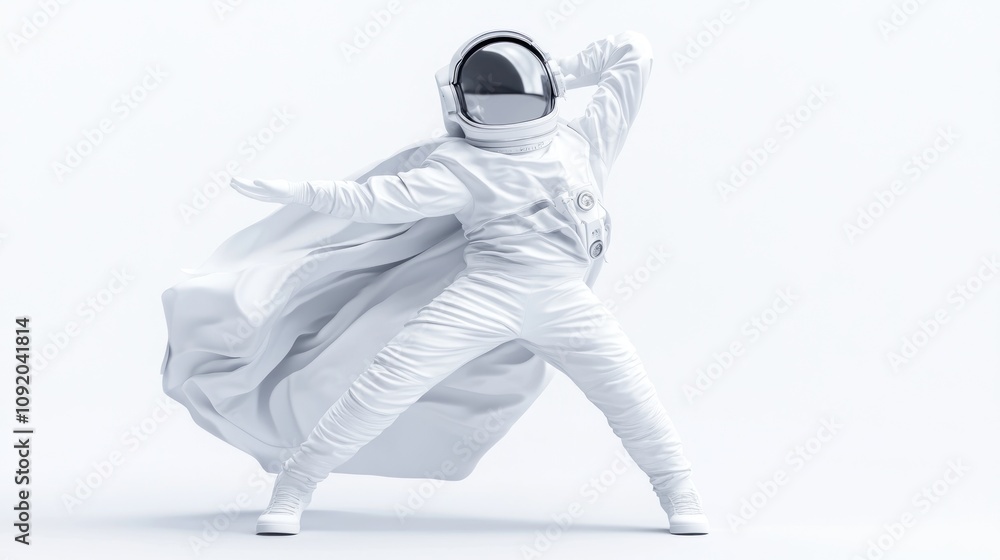 Poster an astronaut in a white suit and cape striking a dynamic pose against a minimalist background.