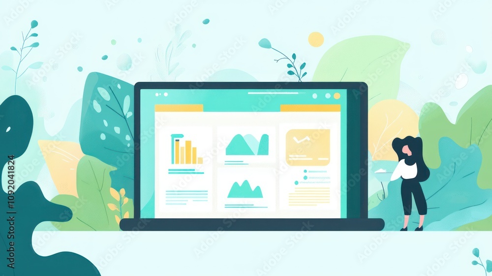 Poster a digital dashboard displayed on a laptop with a person standing beside it, surrounded by foliage.