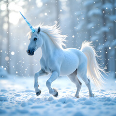Fototapeta premium Enchanting white unicorn galloping through a snowy forest with sparkling horn and magical atmosphere, digital art of fantasy creature concept.