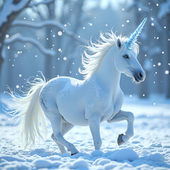 Fototapeta premium A glorious unicorn galloping through a snowy wonderland under a soft winter light, digital art of fantasy concept.