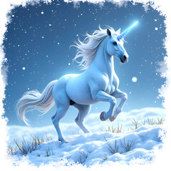 Naklejka premium Magical white unicorn in a winter wonderland with sparkling horn amidst glistening snowflakes, digital art of fantastical creatures concept.
