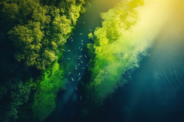 Obraz premium Aerial View of a Lush River Ecosystem at Sunrise