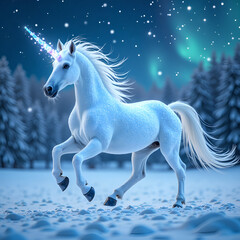 Fototapeta premium Majestic unicorn amidst a snowy landscape under magical northern lights, digital art of fantasy concept.