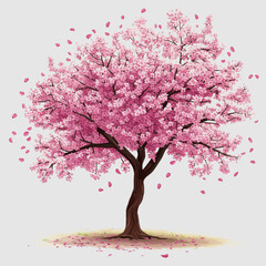 Obraz premium Vibrant Cherry Blossom Tree with Pink Flowers and Petals Falling in a Soft Imagery of Nature's Beauty on a Light Background