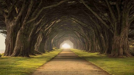 Naklejka premium A serene tree-lined path leading to a bright light in the distance.