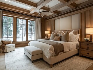 Luxurious Master Bedroom With Wooden Beams And Snowy View