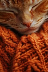 Naklejka premium Cute cat sleeping on cozy orange blanket.