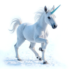 Fototapeta premium Majestic white unicorn prancing through a snowy landscape under a bright sky, 3d rendering of fantasy art concept.