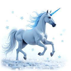 Fototapeta premium Majestic white unicorn with sparkling blue horn galloping through a winter wonderland, digital art of fantasy concept.