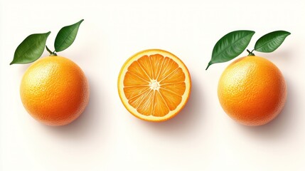 Two whole oranges and one sliced orange, showcasing vibrant colors and fresh appeal.