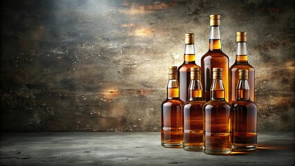 Stack of old whiskey bottles on a stone floor, bottle, glassware