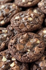 Delicious chocolate chip cookies stacked closely.