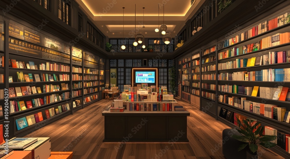 Poster a cozy, modern library filled with books and a central display area.