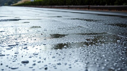 Fototapeta premium The wet pavement glistens with a fine drizzle, creating an oily sheen that reflects the colors of the surrounding landscape, concrete, wet, building