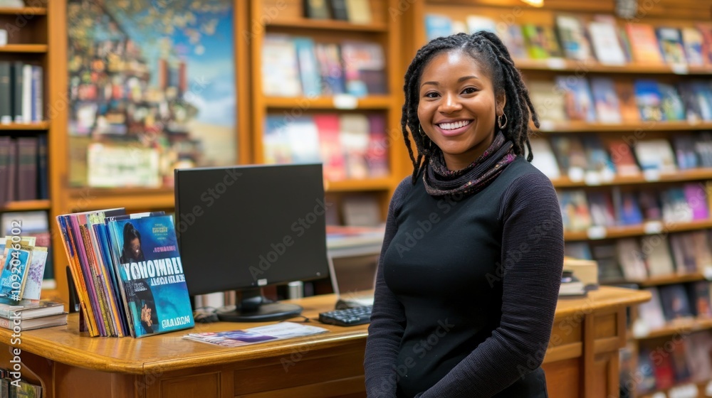 Poster a smiling woman stands in a library, surrounded by books and a computer.