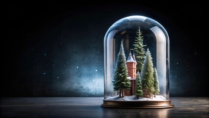 Winter themed macro photo of a miniature castle and trees inside a glass jar against a black background
