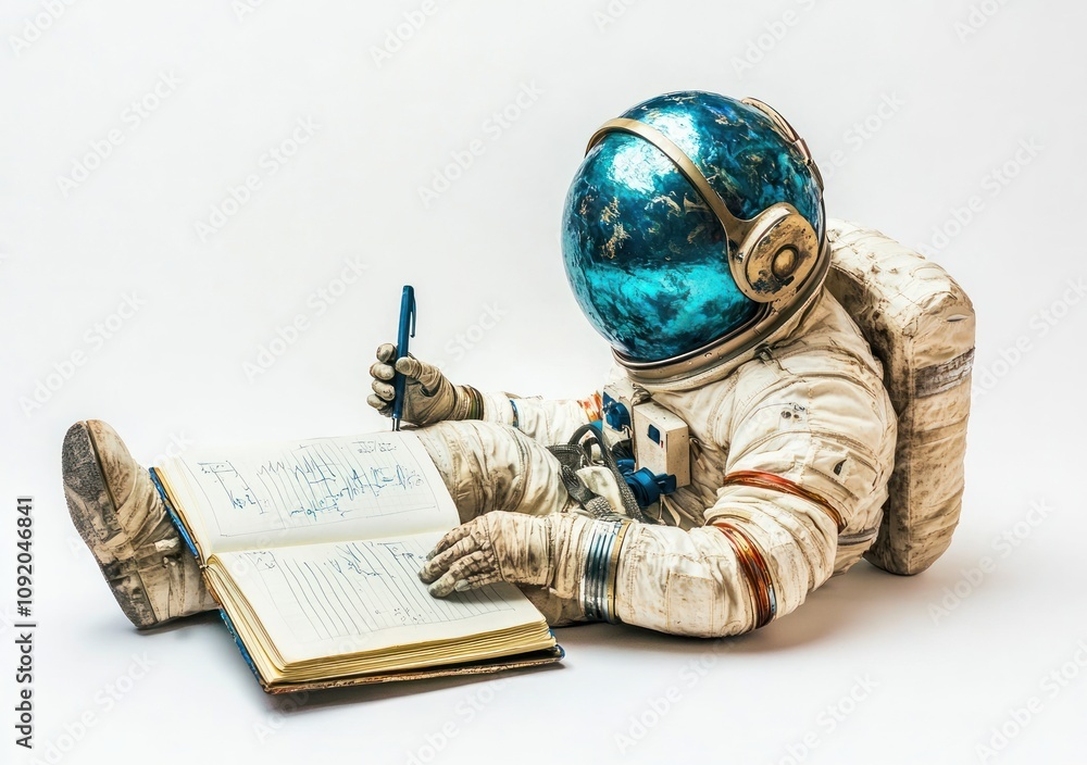 Poster An astronaut with a reflective helmet writes in a notebook, blending exploration and creativity.