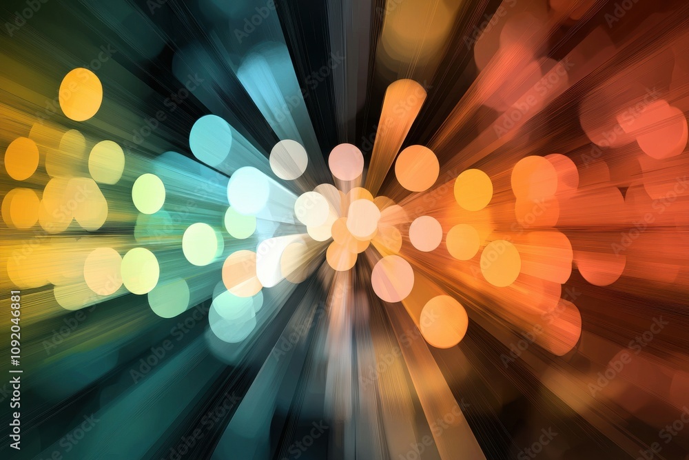 Poster An abstract burst of colorful light beams and bokeh effects, creating a vibrant, dynamic visual experience.