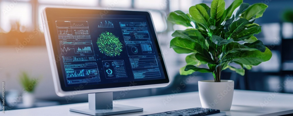 Poster a modern workspace featuring a computer displaying data analytics alongside a vibrant green plant, b