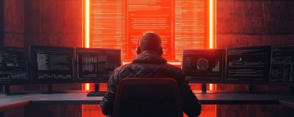 A person sits before multiple glowing screens, immersed in coding or data analysis, illuminated by a striking red light in a dark environment.