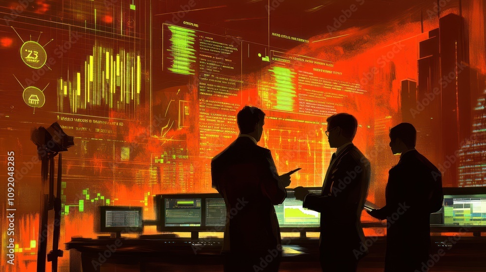 Poster three professionals discuss data and analytics in a high-tech environment.